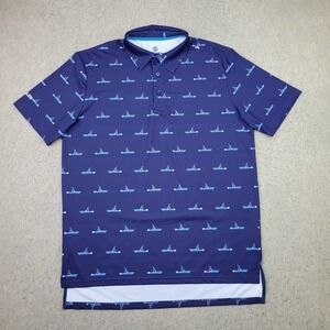 Scales Golf Polo Shirt Mens L Blue Fishing‎ Boat Print Short Sleeve Performance